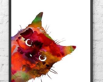 Colorful Watercolor Cat Art Print, Animal Wall Decor, Animal Painting, Cat Art - 493