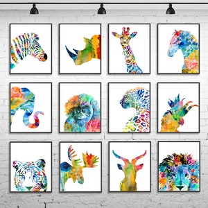 Animal art, watercolor animal print set african art jungle animal wall decor safari kids nursery art playroom decor  set prints of 12 - S137