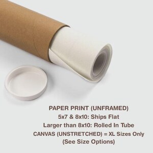 Może przedstawiać: Zwinięty wydruk na pł&oacute;tnie wychodzi z brązowej tekturowej tuby, obok biała pokrywka. Tekst na obrazie brzmi: PAPER PRINT (UNFRAMED), 5x7 & 8x10: Ships Flat, Larger than 8x10: Rolled In Tube, CANVAS (UNSTRETCHED) = XL Sizes Only.