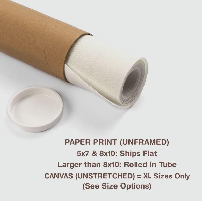 Może przedstawiać: Zwinięty wydruk na pł&oacute;tnie wychodzi z brązowej tekturowej tuby, obok biała pokrywka. Tekst na obrazie brzmi: PAPER PRINT (UNFRAMED), 5x7 & 8x10: Ships Flat, Larger than 8x10: Rolled In Tube, CANVAS (UNSTRETCHED) = XL Sizes Only.