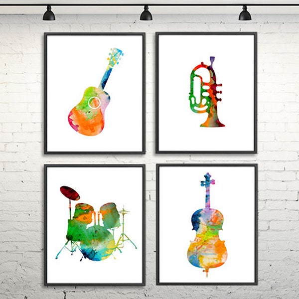 Music print, music art, music gift, musical instruments, watercolor art print set, musical poster, musical wall art, set of 4 prints - S37
