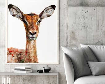 Animal art, watercolor painting deer print, woodlands animal print, deer head watercolor painting, cottage decor - R23
