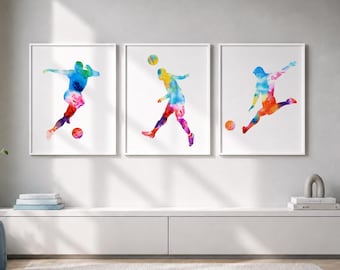 Soccer Player Print Set of 3, Watercolor Football Wall Art, Boys Room Decor - Z23