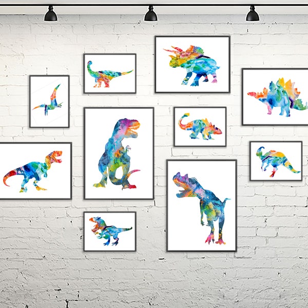 Nursery dinosaur watercolor print, dinosaur print, dinosaur art, watercolor art print set, kids room decor - set of 10 prints - S46