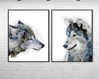 Watercolor animal art, watercolor painting, woodland nursery animals print, wolf art, wolfs print, wolf painting, set of 2 prints - C14