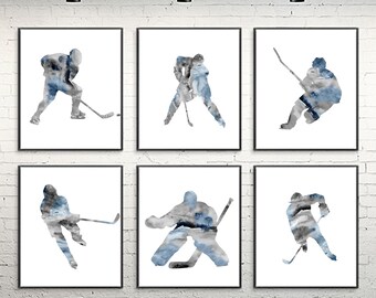 Watercolor Hockey Print Set, Blue Minimal Sports Wall Art, Ice Hockey Decor, Z56