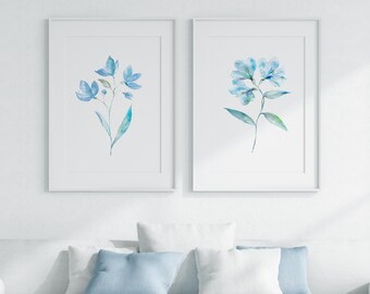 Watercolor Flower Painting Print, Floral Wall Art, Blue Interior - S267