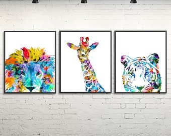 Colorful Animal Wildlife Prints: Kids Nursery Decor, Set of 3 - S125