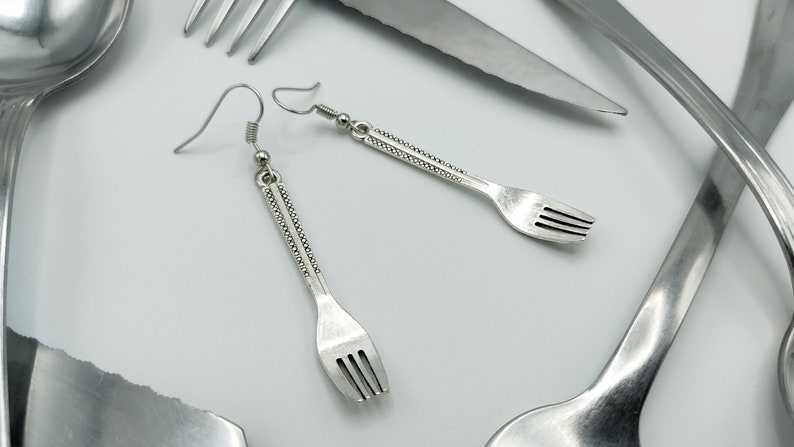 Fun Cutlery Earrings Silver Fork Jewelry, Unique Kitchenware Gift, Statement Earrings image 1