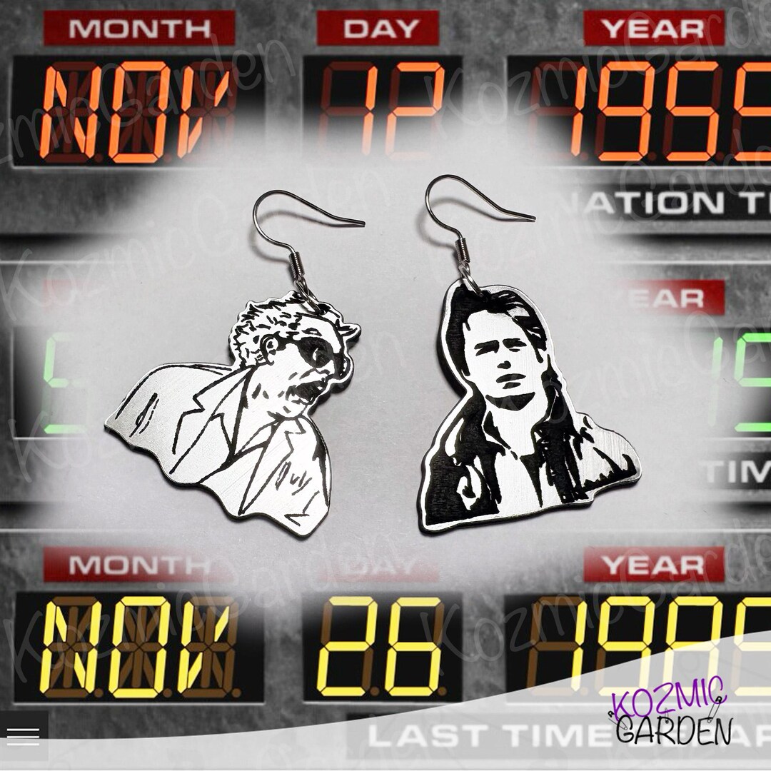 Doc and Marty Mcfly Earrings: Engraved Silver Acrylic, Back to the