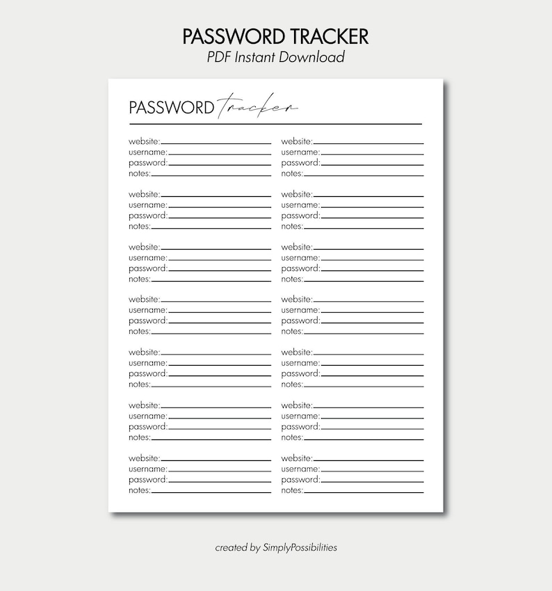 Password Tracker Printable Password Keeper Password Organizer Spreadsheet Letter Printer ...