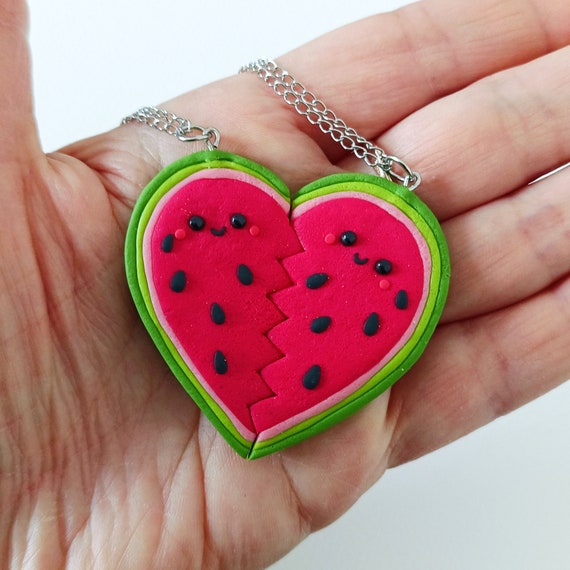 Handmade Watermelon Heart Necklace Set: BFF Friendship Jewelry