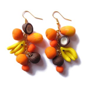 Orange Earrings, Banana Earrings, Yellow Earrings, Fruit Earrings, Banana Jewelry Coconut Earrings Fruit Jewelry Big Earrings, Huge Earrings