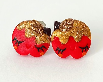 Halloween-örhängen med karamelläpple, söta höstmatsmycken med röda godisäpplen