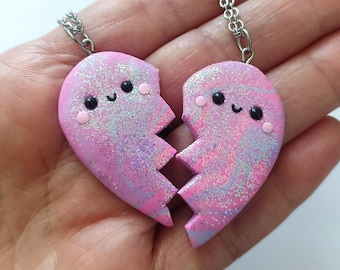 Glitter Pink Pastel Broken Heart BFF Necklace – Matching Friendship Necklace