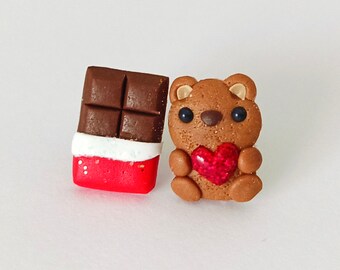Valentines Day Earrings, Valentines Day Jewelry, Teddy Bear Earrings, Heart Earrings, Chocolate Earrings, Cute Bear Gifts, Valentines Girls