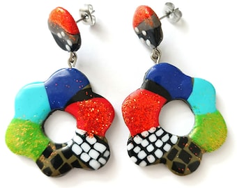 Colorful Flower Dangle Earrings, Polymer Clay & Stainless Steel, Color Block Statement Jewelry, Geometric Modern Glitter Earrings