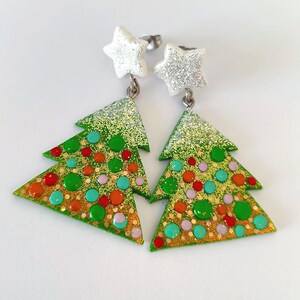 Christmas Tree Earrings, Glitter Holiday Earrings, Cute Xmas Jewelry, Festive Earrings for Girls, Handmade Polymer Clay Earrings