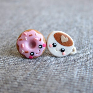 Donut and Coffee Earrings – Food Jewelry – Polymer Clay Studs – Cute Gift for Coffee Lovers