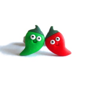 Red and Green Chili Peppers Earrings, Pepper Earrings, Funny Pepper Earrings, Stud Earrings, Polymer Clay Jewelry, Food Earrings Funny Gifts image 1
