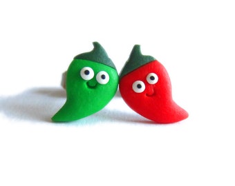 Red and Green Chili Peppers Earrings, Pepper Earrings, Funny Pepper Earrings, Stud Earrings, Polymer Clay Jewelry, Food Earrings Funny Gifts