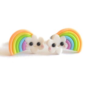 Kawaii Rainbow Earrings – Cute Cloud Studs – Colorful Jewelry for Girls – Fun Birthday Gift – Handmade Polymer Clay Earrings