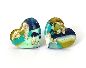 Colorful Heart Stud Earrings, Turquoise Navy Green Polymer Clay Jewelry, Gold Foil Boho Handmade Gift