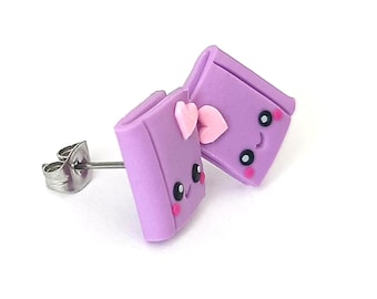 Cute Purple Book Stud Earrings, Kawaii Polymer Clay Book Earrings, Handmade Reader Gift, Stainless Steel Literary Jewelry