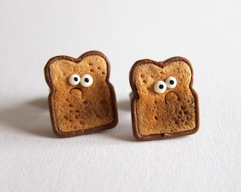 Pendientes de tostada quemada – Joyería kawaii de comida en arcilla polimérica, pendientes divertidos, regalo original para ella, pendientes de comida en miniatura