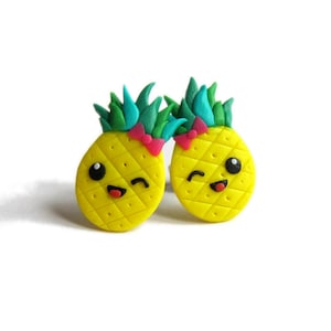 Fruit Earrings, Pineapple Earrings, Funny Polymer Clay Earrings, Yellow Earrings, Kawaii Food Earrings, Spring Girls Outfit, Spring Jewelry