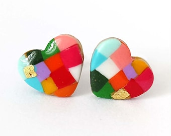Colorful Mosaic Polymer Clay Dangle Earrings | Modern Statement Heart Stud Earrings | Handmade Geometric Jewelry with Gold Leaf
