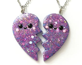 Vänskapshjärthalsbandset för 2 vänner BFF Matchande glitter lila kärlekshalsband