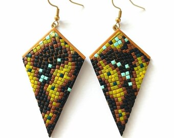 Colorful Mosaic Dangle Earrings, Geometric Beaded Statement Earrings, Black Turquoise Lime Green Boho Jewelry