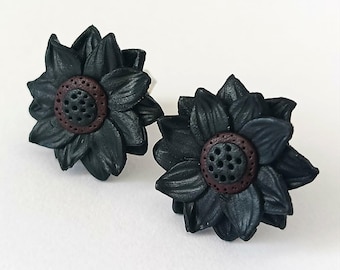 Black Sunflower Earrings, Gothic Floral Jewelry, Burgundy Center, Halloween Earrings, Polymer Clay Flower Earrings