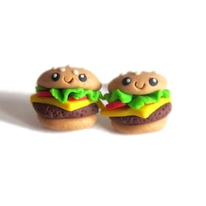 Funny Hamburger Earrings, Cheeseburger Studs, Kawaii Food Jewelry, Cute Hamburger Earrings, Polymer Clay Fake Food Earrings