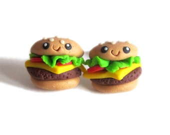 Funny Hamburger Earrings, Cute Hamburger Jewelry, Cheeseburger Earrings, Kawaii Cheeseburger, Polymer Clay Food Earrings, Fake Food Jewelry
