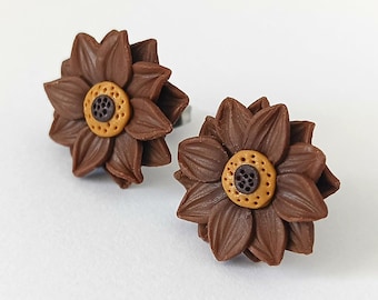 Sunflower Earrings, Brown Floral Earrings with Mustard Center, Polymer Clay Flower Jewelry, Handmade Boho Earrings