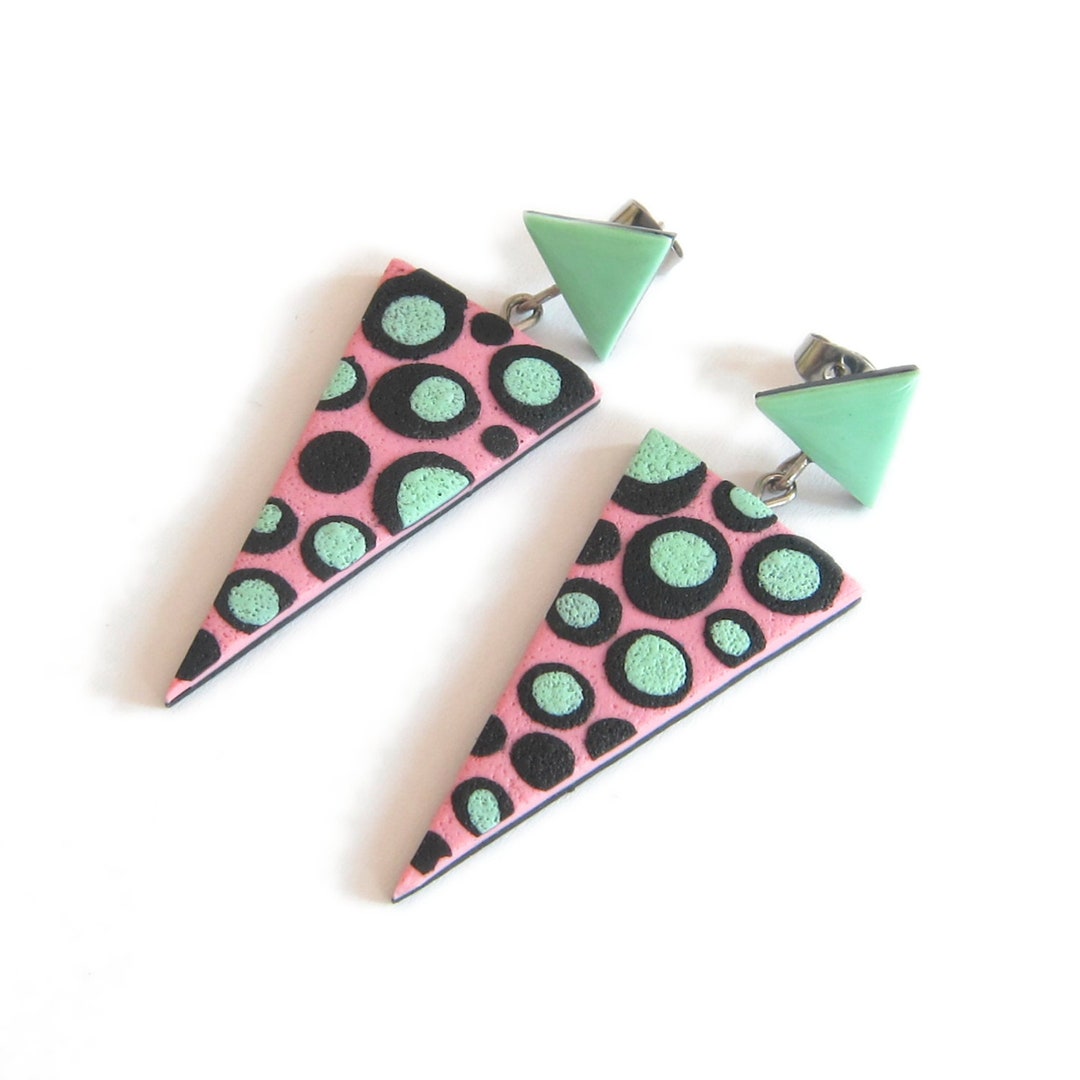 Pink Earrings, Big Earrings, Triangle Earrings, Colorful Earrings, Drop