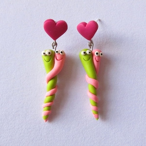 Bff Jewelry, Cute Caterpillar Earrings, Neon Earrings, Polymer Clay Earrings, Love Hearts Earrings, mothers day gift, Funny Earrings Worms image 1