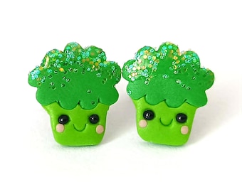 Kawaii Broccoli Stud Earrings, Cute Vegetable Earrings, Green Glitter Food Jewelry, Polymer Clay Earrings, Handmade Funny Gift