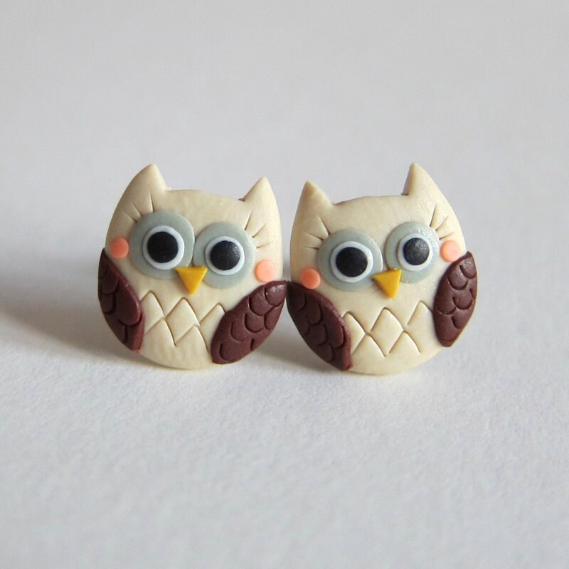 Handmade Beige Owl Earrings - Polymer Clay Animal Jewelry - Halloween Gift - Christmas Gifts For Kid