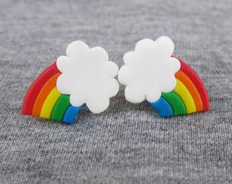 Rainbow Earrings, Polymer Clay Earrings, Colorful Earrings, Small Girls Earrings, Cloud Earrings, Kawaii Earrings, Rainbow Fashion, Fimo Emo