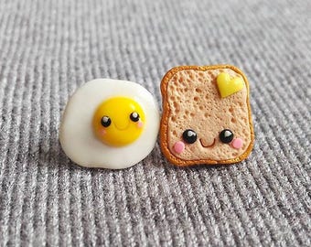 Miniature Food Earrings, Mini Food Jewelry, Earrings For Kids Jewelry For Kids, Polymer Clay Earrings, Toast and Egg Earrings Emoji Earrings