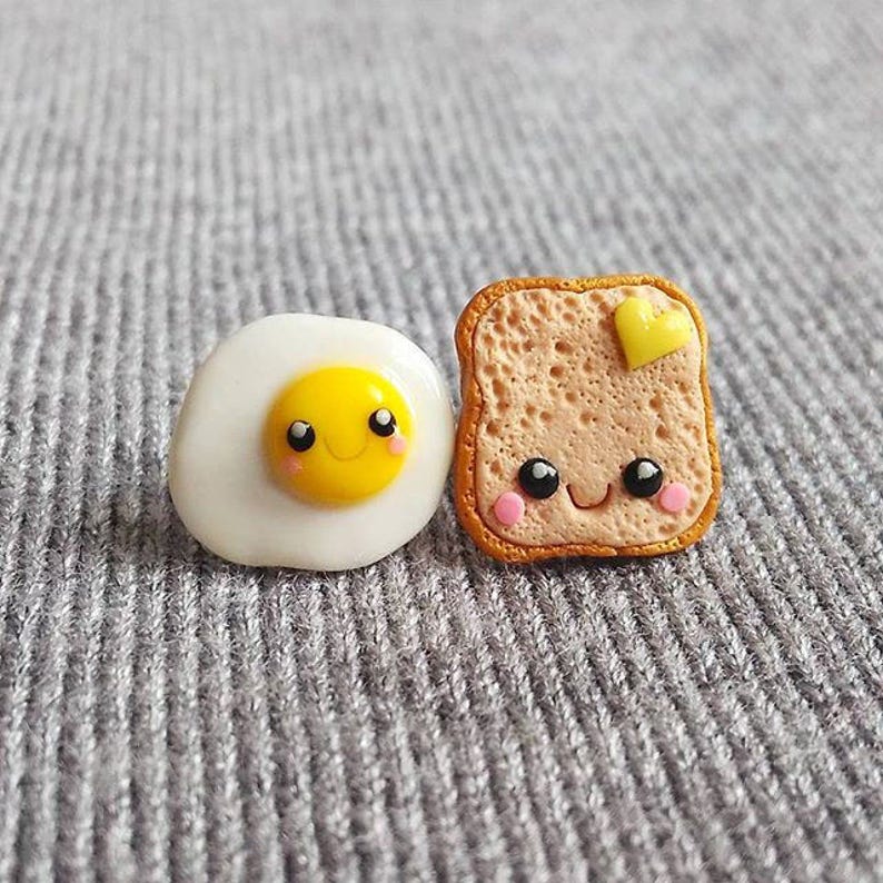 Polymer Clay Earrings, Yellow Earrings, Toast and Egg Earrings, Eggs on Toasts Earrings, Miniature Food Earrings Food Jewelry Funny Earrings image 1