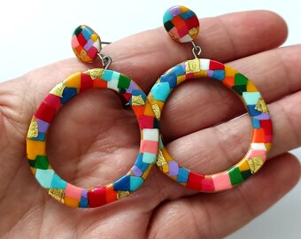 Colorful Mosaic Polymer Clay Dangle Earrings | Modern Statement Hoop Earrings | Handmade Geometric Jewelry with Gold Leaf