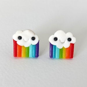 Rainbow Cloud Stud Earrings, Polymer Clay Jewelry, Cute Gift for Girls, Kawaii Earrings, Fun Birthday Present, Handmade Kids Jewelry
