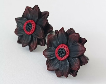 Black Burgundy Sunflower Earrings, Red Center, Gothic Floral Jewelry, Polymer Clay Earrings