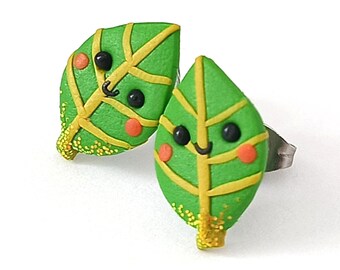 Kawaii Green Leaf Stud Earrings, Polymer Clay Leaf Earrings, Cute Nature Jewelry, Handmade Botanical Earrings, Green Statement Studs