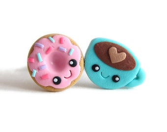 Donut Earrings, Doughnut Earrings, Cute Earrings, Small Girls Earrings, Pink Earrings, Cocoa Earrings, Food Earrings, Polymer Clay Earrings