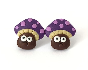 Cute Purple Mushroom Stud Earrings – Kawaii Halloween Mushroom Earrings – Handmade Polymer Clay Toadstool Studs – Cottagecore Jewelry